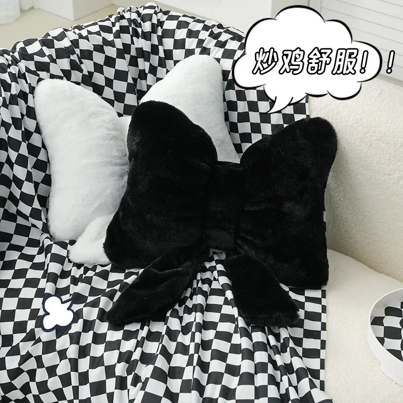 White Bow Ribbon Couch Pillow Imitation Rabbit Fur Comfortable Car Seat Cushion Ins Style Simple All-match Back Cushion