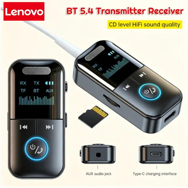 Lenovo Bluetooth 5.4 Aux Adapter Audio Receiver Transmitter 3.5mm LED Display for Car/Home Stereo/Wired Headphones/Speaker/TV