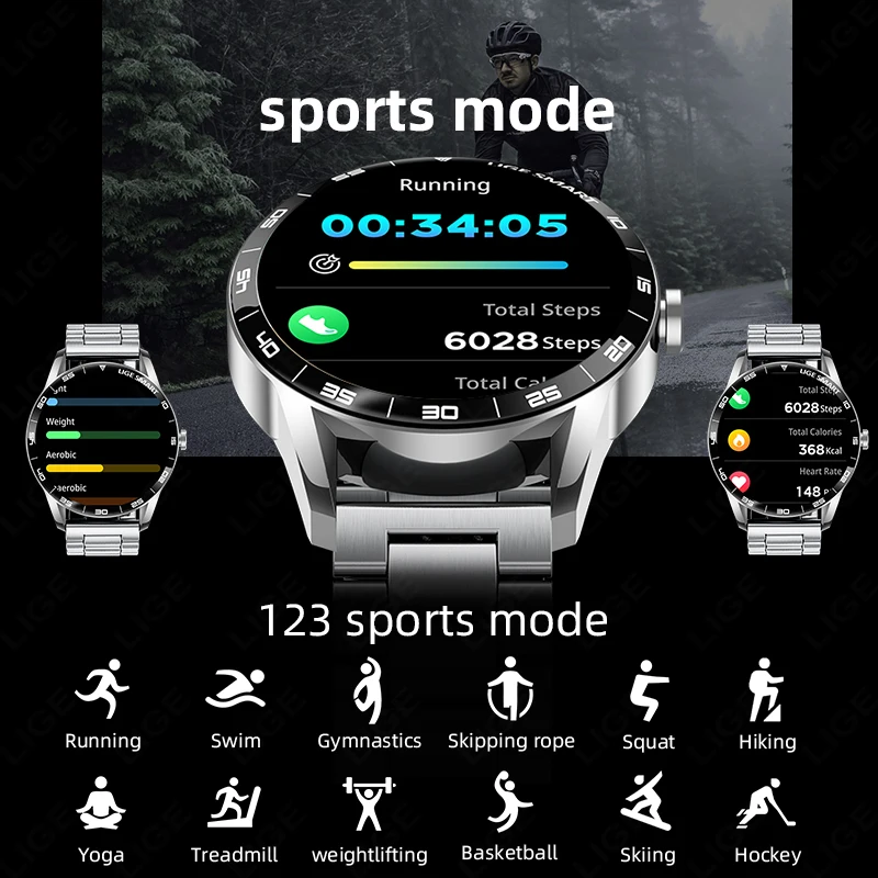 LIGE Nowy Smartwatch Męski ze Stali 1,38 cala Połączenia Bluetooth Zegarki Biznesowe Męskie Monitorowanie Aktywności Fitness Sportowy Pomiar Tętna Zdrowotny Smartwatch