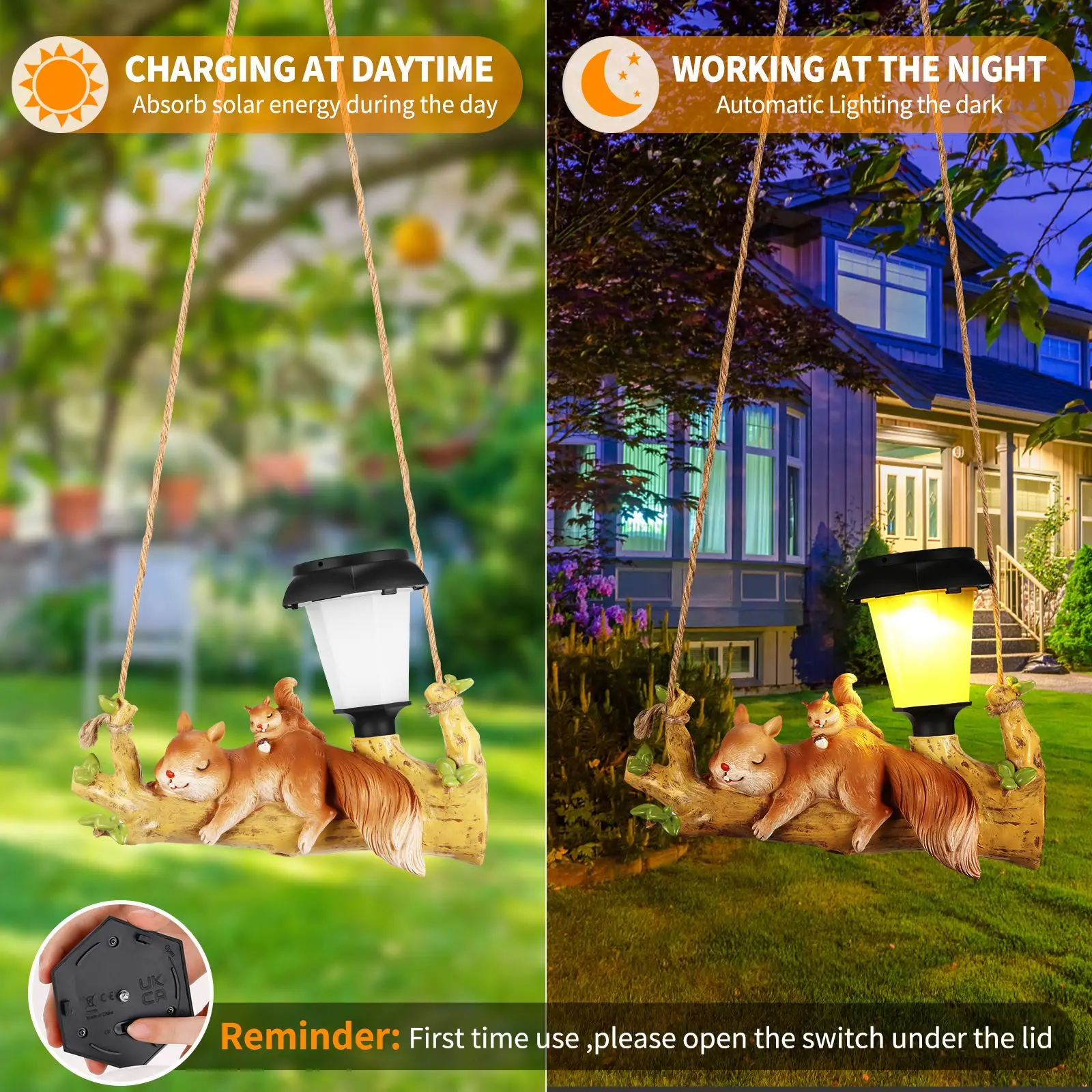 Solar Lamp Cartoon Animal Statue Squirrel LED Garden Lights Creative Waterproof Hanging Lamps For Tree Patio Courtyard Light