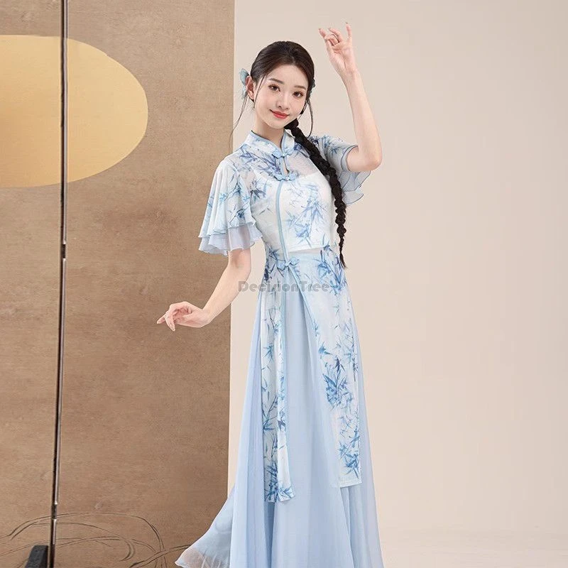 2025 new classical dance performance costumes chinese cheongsam yarn short sleeve printed set chinese dance performance costume