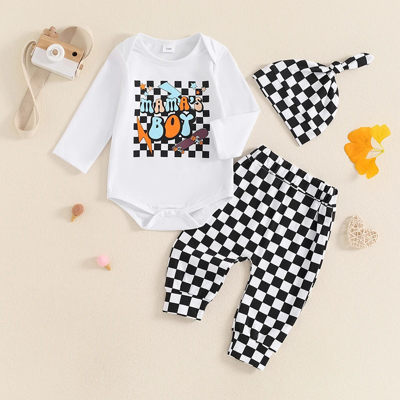 

Suefunskry Infant Baby Clothing Set, Long Sleeve Letter Print Romper with Plaid Elastic Waist Pants and Hat Newborn Clothes