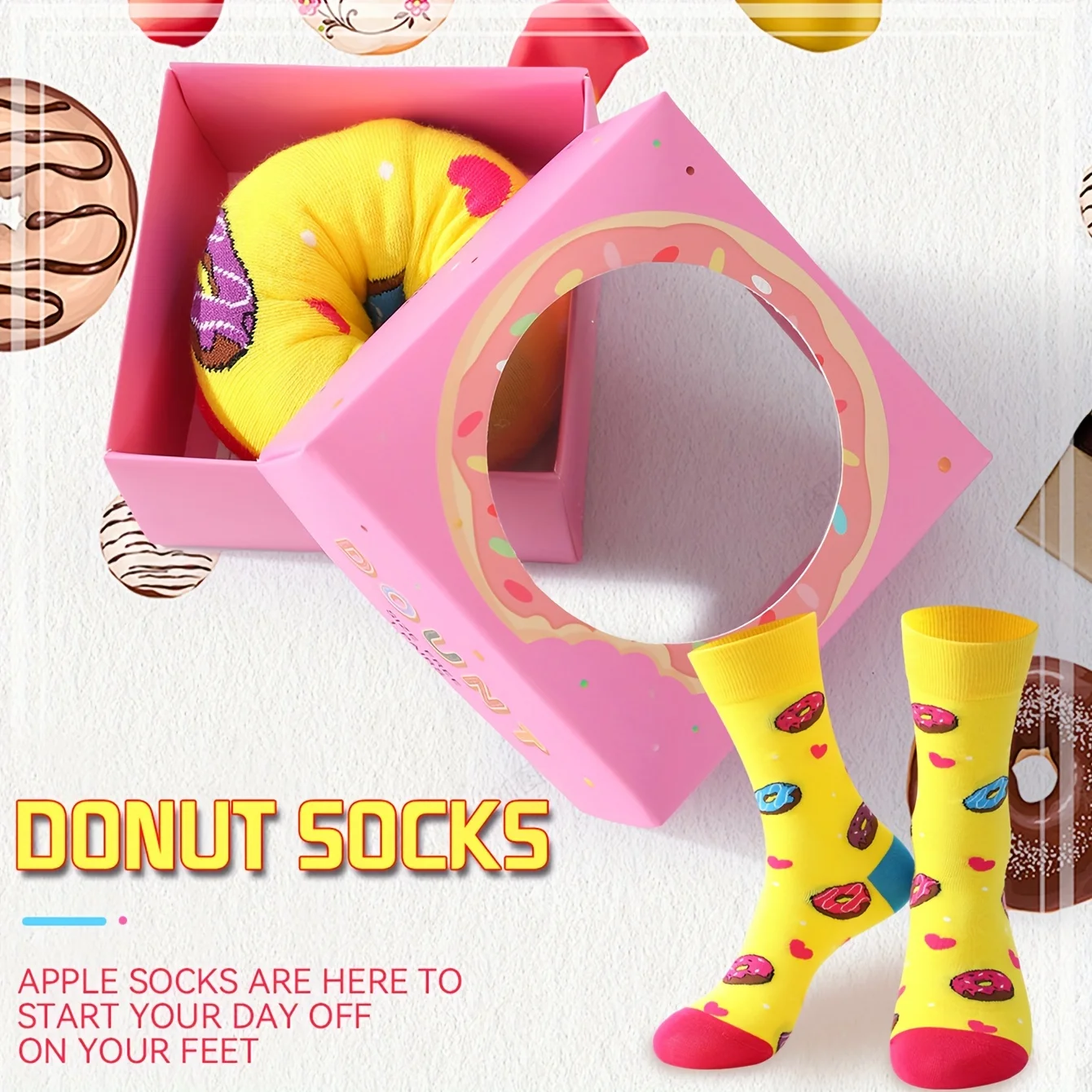 A pair of novelty, interesting donut pattern tide socks, four seasons suitable for Halloween Christmas Valentine\'s Day Gifts