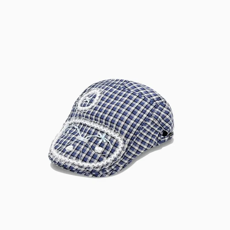 Japanese Sweet Y2k Bow Plaid Forward Hat Women Spring and Summer Casual Versatile Lace Pearl Literary Sunshade Painter Cap