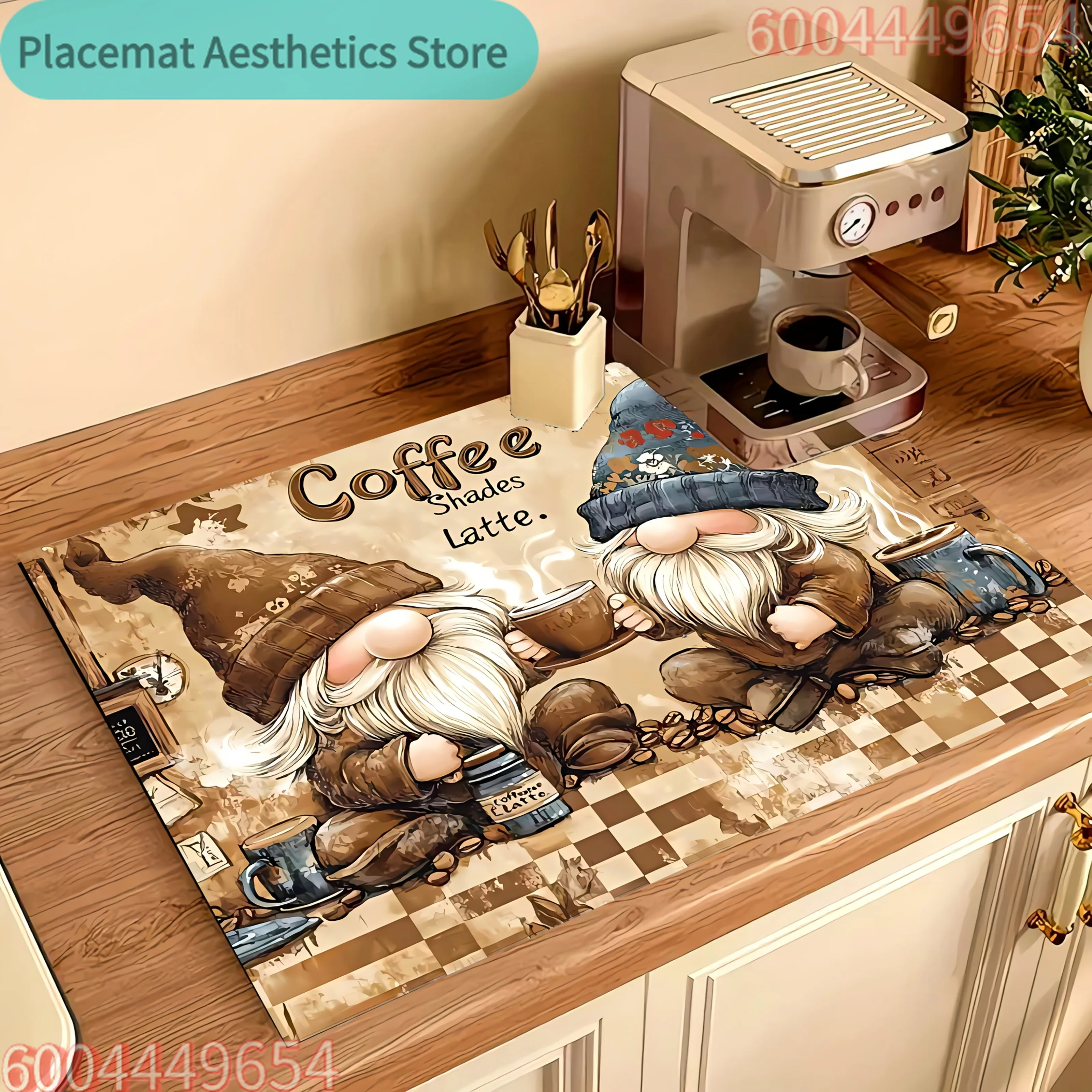 Rutschfeste Diatomeenerde-Gefüllte Kaffee- und Küchen-Trockenmatte mit Gnom- und Kaffeebohnen-Design - Beige/Braun Marmorähnlicher Arbeitsplattenschutz