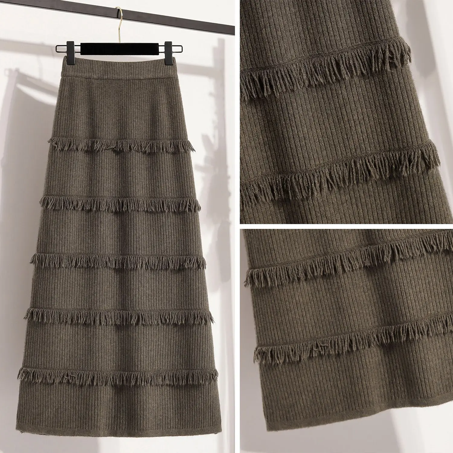 المرأة الخريف الشتاء موضة سليم صالح شرابة محبوك ميدي تنورة أنيقة مرونة الخصر مطوي ألف خط التنانير الطويلة الإناث #4