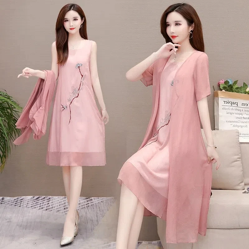 2PCS/Set Dress Sets Vintage Embroiderd Women Chiffon Dress With Cardigan Casual Women Elegant 2023 Summer Long Dress Suit 4XL