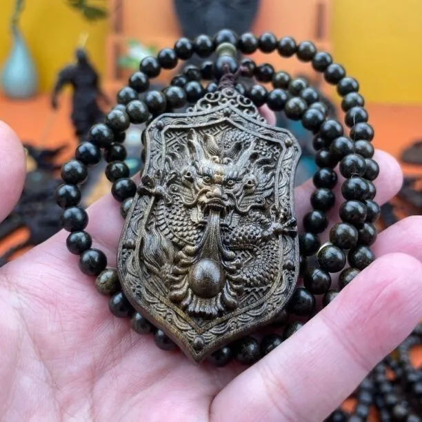 6mm*108 Beads Necklace Natural Agarwood Prayer Beads Dragon Carved Lucky Pandent