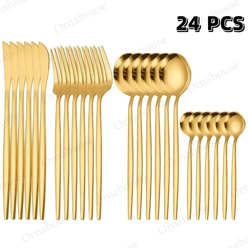 24pcs Stainless Steel Steak Knife Fork Coffee Spoon Gold Dinnerware Set Teaspoon Flatware Dishwasher Safe Kitchen صحون كوريه