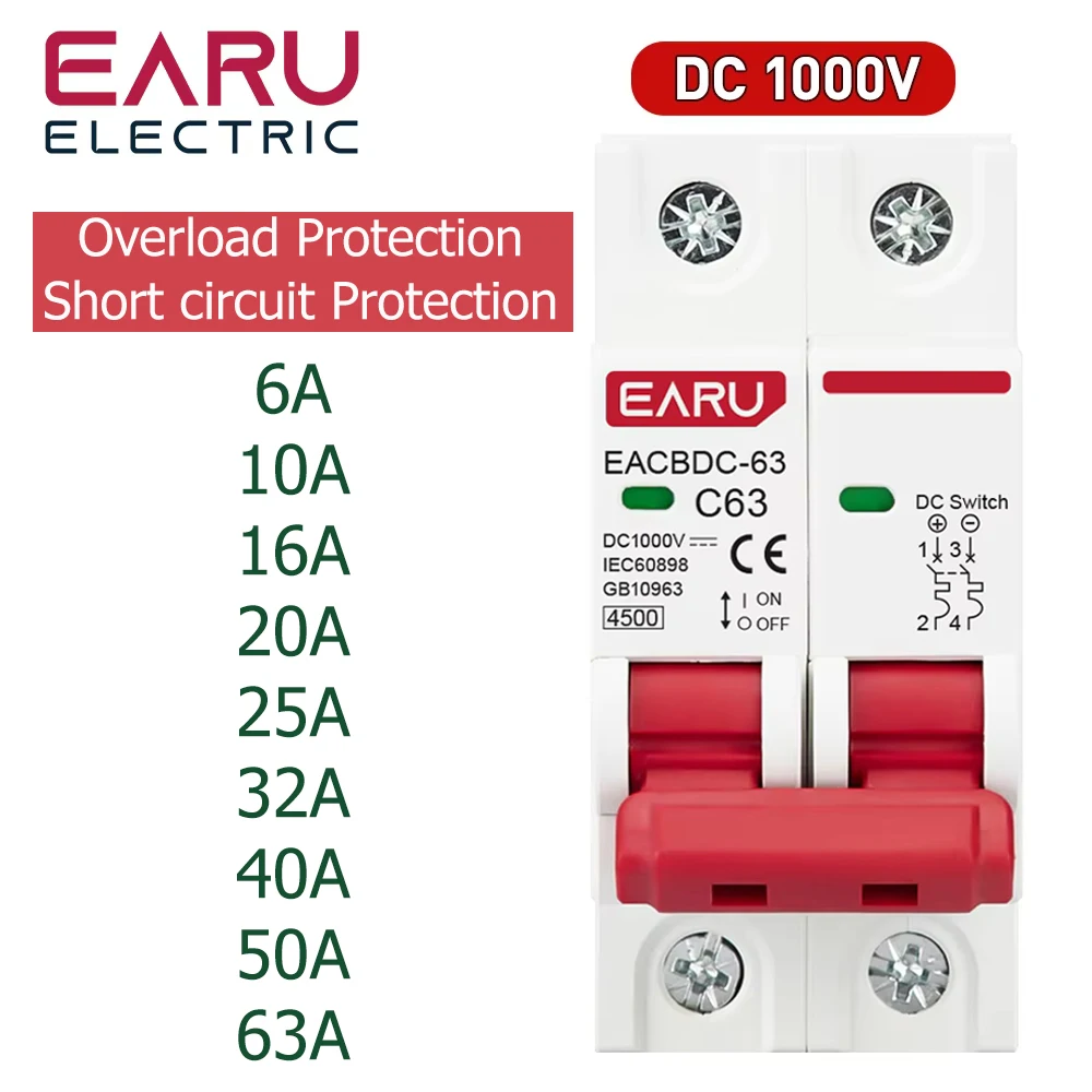 2P DC 1000V MCB ソーラーミニサーキットブレーカー過負荷短絡保護スイッチ 6A 10A 16A 20A 25A 32A 63A 太陽光発電 PV