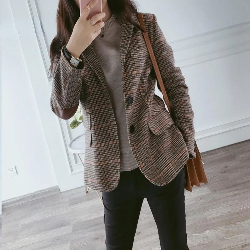 Britischen Stil Schlanke Frauen Plaid Blazer Patch Ellenbogen Patchwork Frauen Klassische Blazer Mantel Formale Dame Einreiher Outwear Mantel