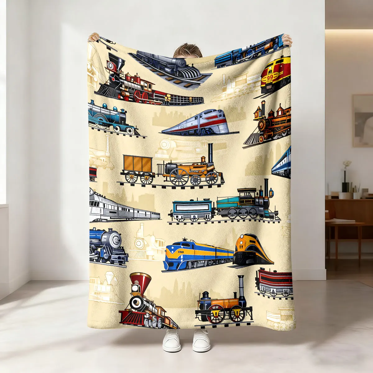 1pc Vintage Various Train Patterns 230g Flannel Blanket Multiple Sizes Soft Machine Washable Casual Sofa Nap Throw Blanket