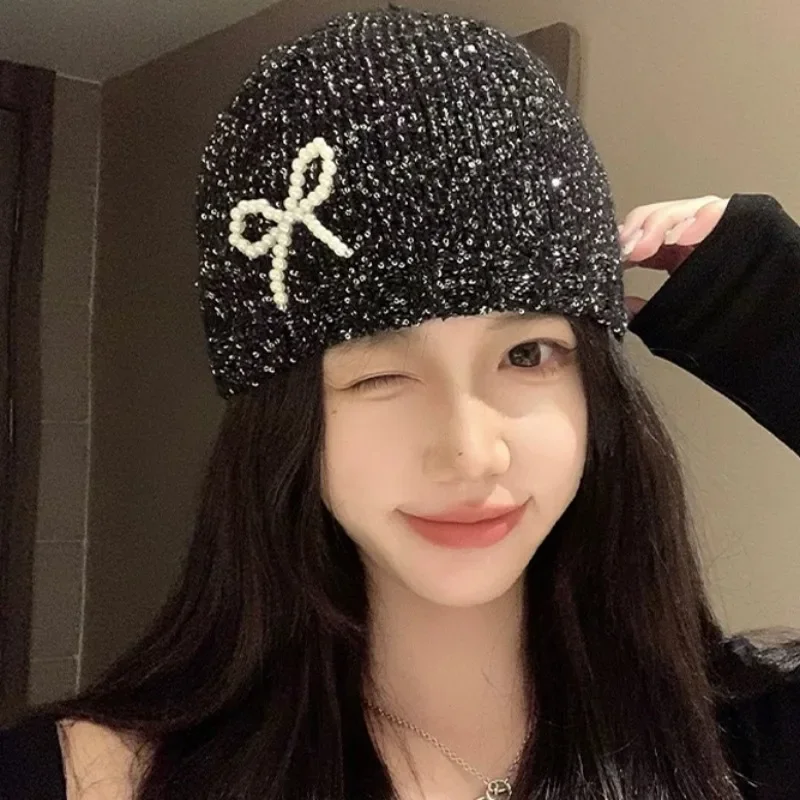 Shiny Bow Beanies Caps Winter Women Girl Warm Exquisite Black Knitted Hat Comfortable Elegant Versatile Hats Fashion Accessories