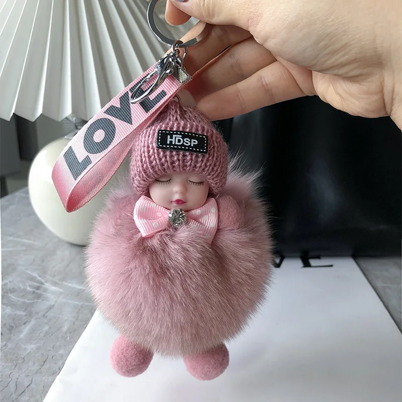 Lovely Sleepy Baby With Pretty Smooth Fox Fur Bag Chain Key Ring K011