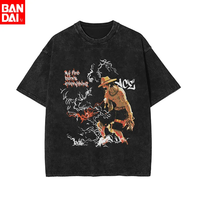 

One Piece 2026 Summer Unisex Washed Black Cotton T - Shirt Front Ace My Fire Burns Everything Mace Graphic Anime Streetwear