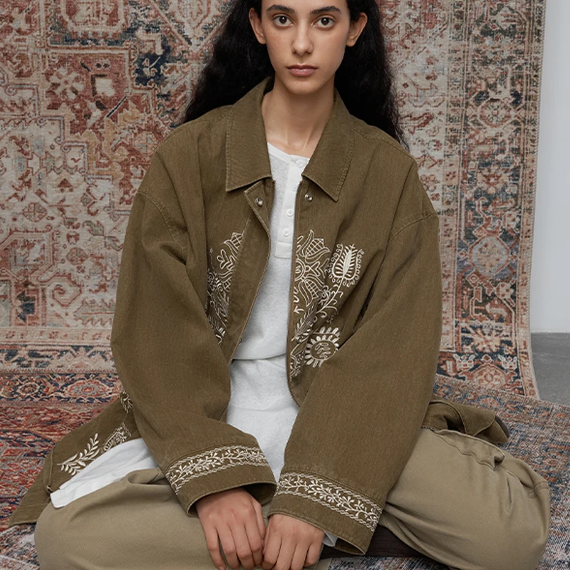 

Waable Loose Cotton Fabric with Embroidery Collar Women's Outerwear Casual Sle round Ne Long Sve Coat for Autumn Winter