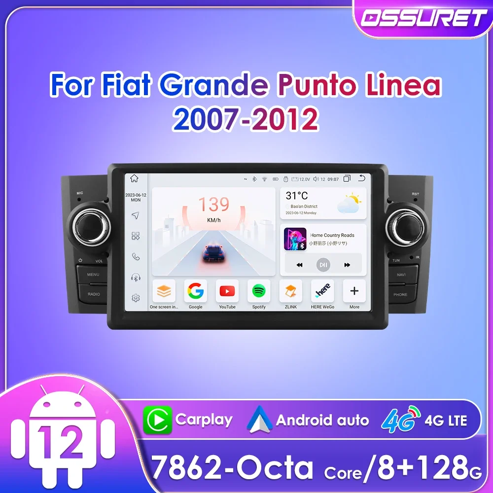 

7-дюймовый автомобильный радиоприемник Ossuret 2Din Android12 для Fiat Grande Punto Linea 2007-2012 гг. Навигация UI7862 Мультимедиа RDS DSP GPS 4G CarPlay