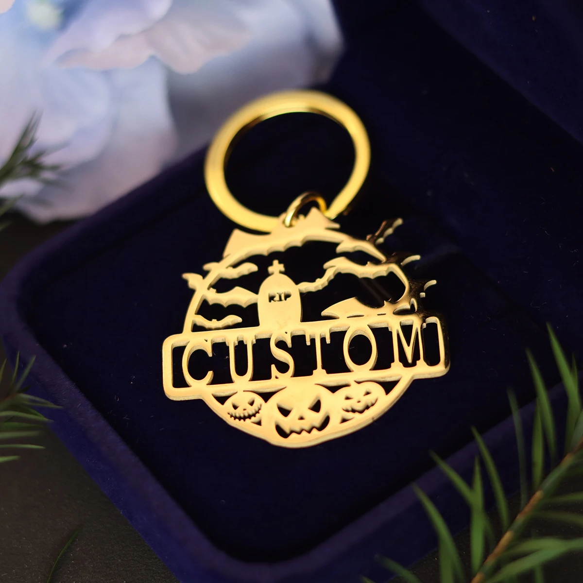 QIAMNI هالوين مخصص اسم المفاتيح الفولاذ المقاوم للصدأ شبح اليقطين المعلقات كيرينغ حقيبة يد السيارة ديكور DIY بها بنفسك هدايا مجوهرات الحفلات #3