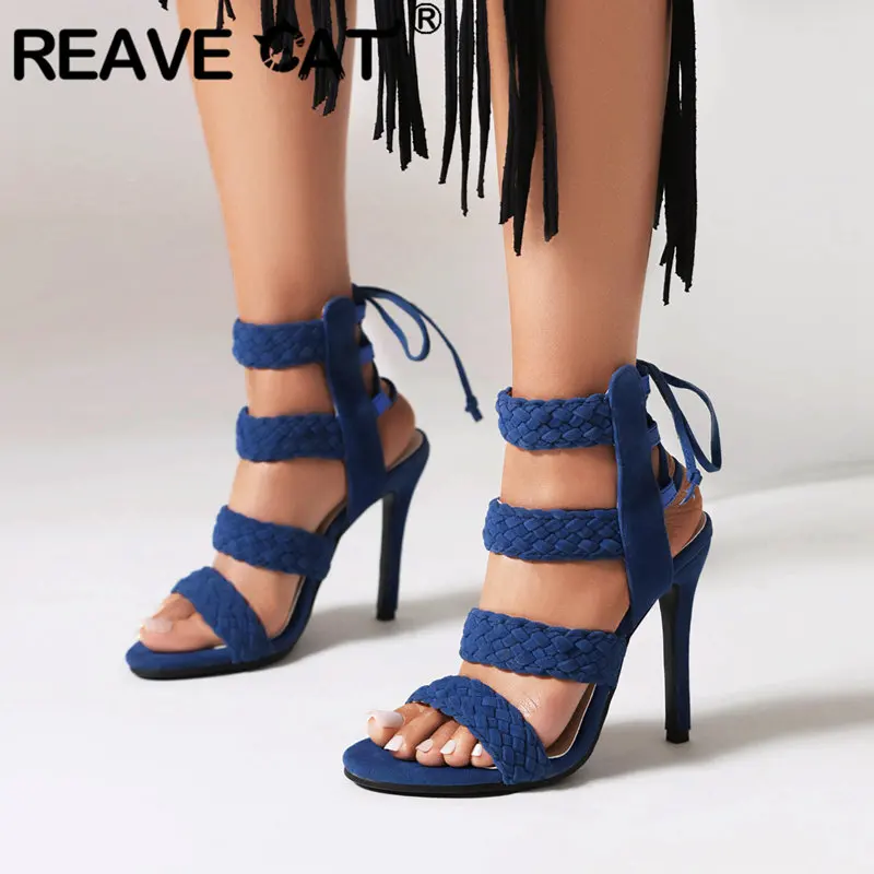 REAVE CAT Ladies Sandals Open Toe Ultrahigh Thin Heels 11cm Lace Up Flock Suede Sexy Party Women Shoes 44 45 46 47 48