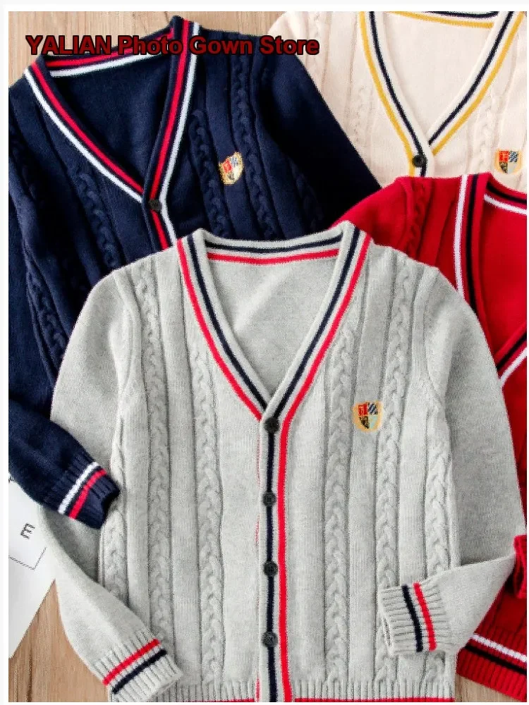 Kids Preppy Style Uniform Pure Cotton Knit Wool Infant Primary School Boys Girls Spring Autumn