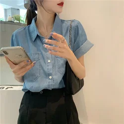 Women Blouse Summer Loose Single Olo Collar Short-Sleeved Denim Shirt Top for Women Blusas Ropa De Mujer