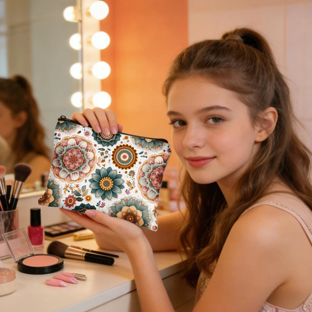 Retro Floral Mandala Cosmetic Bag, Bohemian Teal Pink Print, Cute Zipper Makeup Pouch For Women