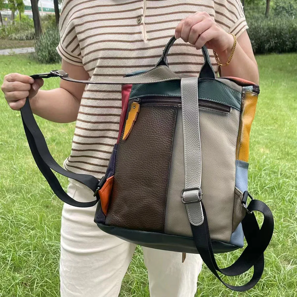 Zaino patchwork in pelle colorata Borsa stile secchiello vintage per donna
