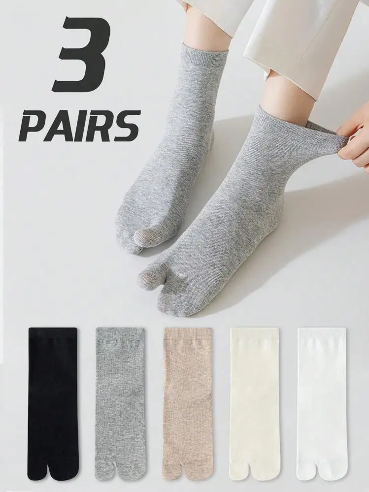 3 Pairs Women s Plain Minimalist Comfortable Cotton 7A Antibacterial Breathable Two Toe Sandal Split Toe Crew Socks Collegiate