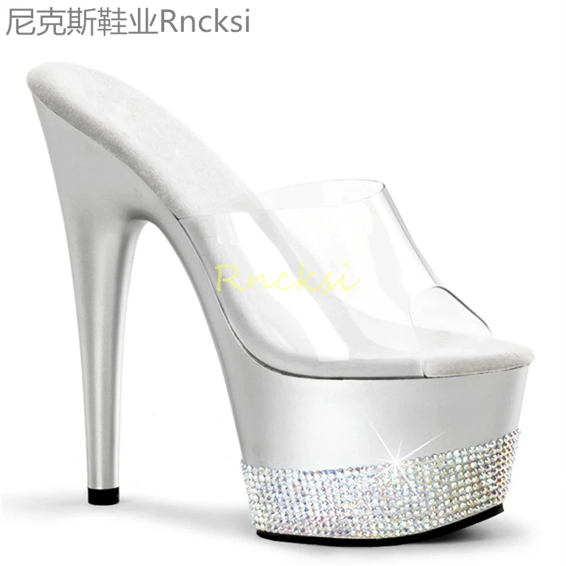 17cm Women's summer new sequins fashion wear Joker fishmouth stiletto heel with ladies sandals.