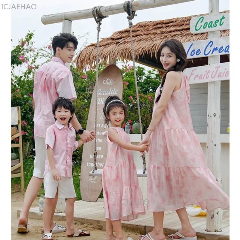 2026 Family Parent-Child Matching Beach Dress Beautiful Long Skirts Matching Set Father And Son T-Shirt Cotton Korean Summer