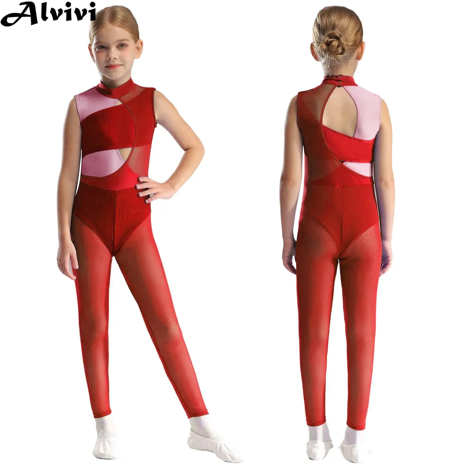 Girls Ballet Dance Leotard Figure Skating Gymnastics Acrobatics Yoga Jumpsuit Sleeveless Cutout Sheer Mesh Bodysuit Dancewear