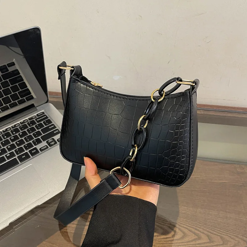 Fashion Crocodile Pattern Shoulder Bags For Women, Texture PU Leather Chain Underarm Bag Solid Color Designer Ladies Handbags