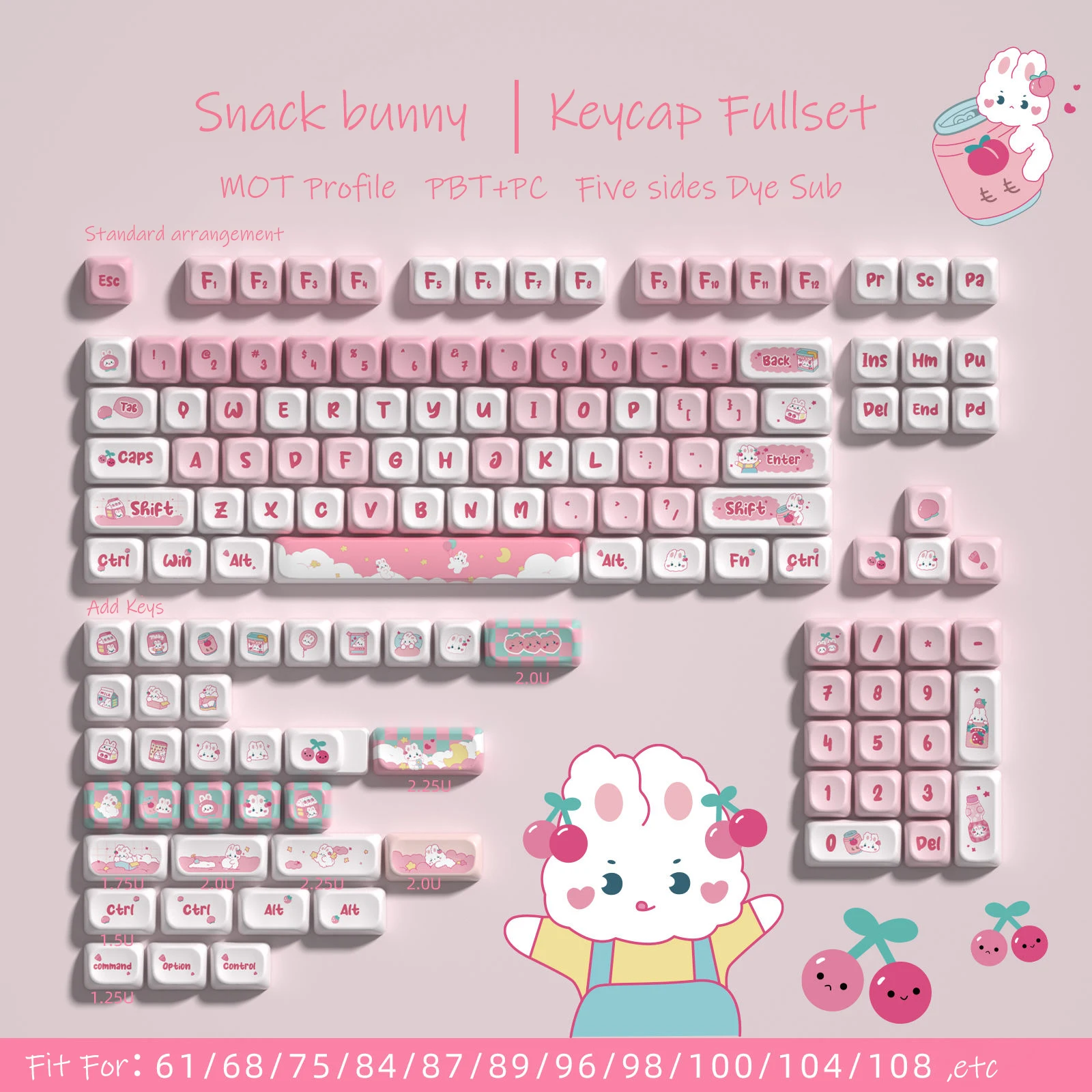 Snack Bunny Themed 138 Keys Keycaps MOT Profile Dye Sublimation PBT Keycap for Gateron Cherry MX Switches Mechanical Keyboard