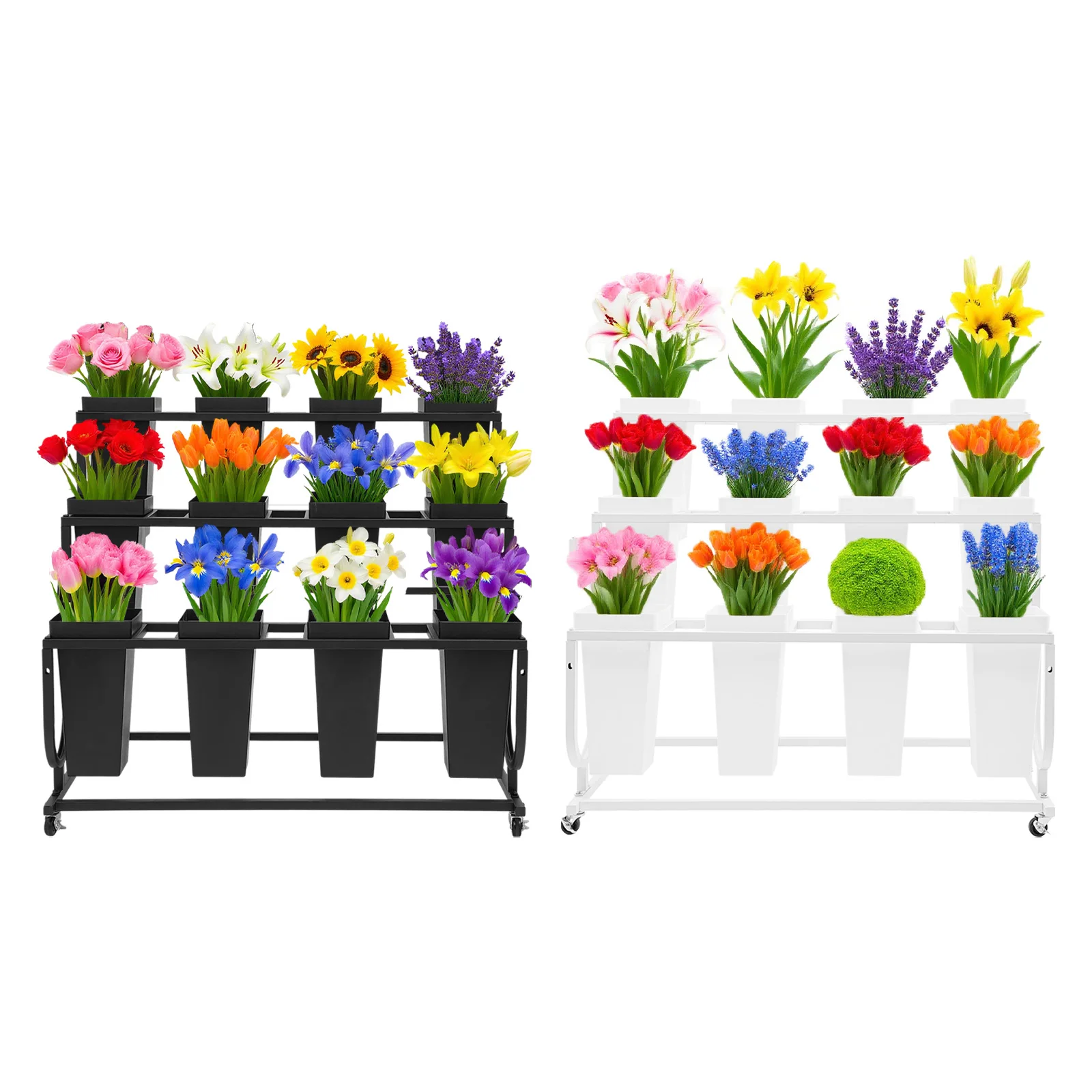 3-Level Metal Flower Display Stand with Wheels Plant Holder with 12 Buckets for Flower Shop Home Coffee Shop Office