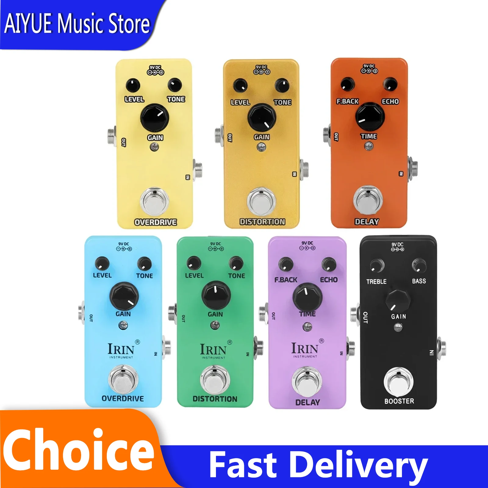 Pedal de Efeito para Guitarra Elétrica IRIN: Distorção, Delay, Overdrive, Pure Booster, Efeitos True Bypass, Acessórios para Guitarra 9V