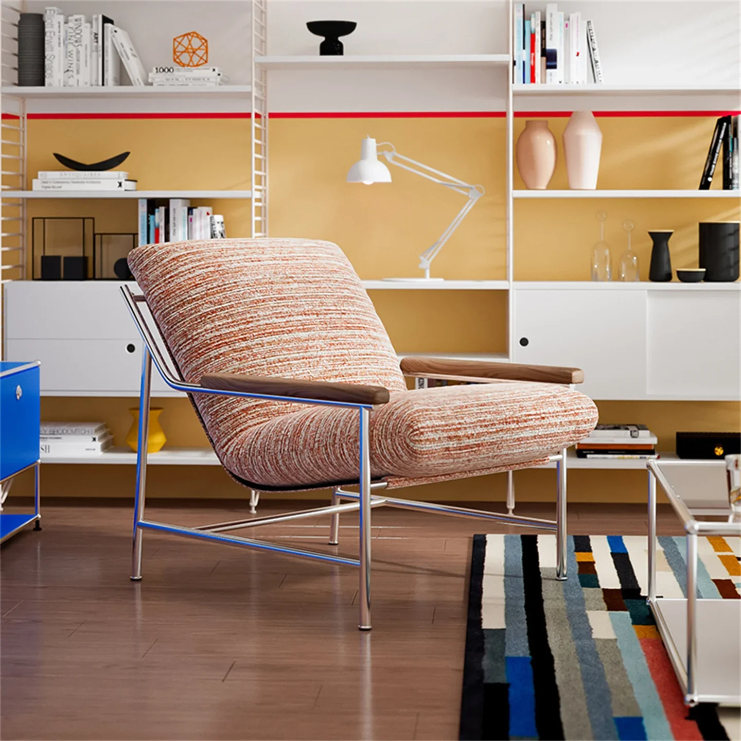 Stainless steel ash wood single chair small apartment sofa, living room armrest casual fabric sofa chair