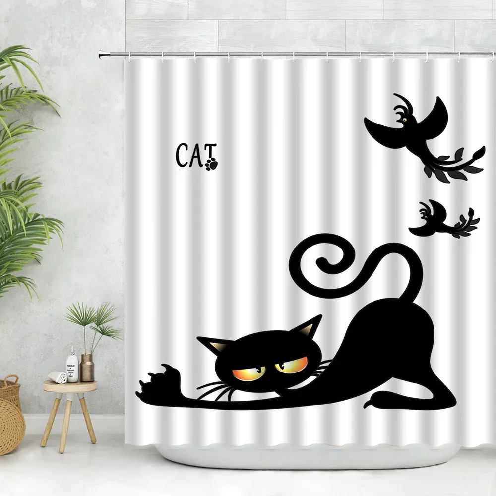 Three Funny Naughty black Cat Shower Curtain Scratching The Wall with His Paws Fabric Bathroom Decor Set Hooks White and Black