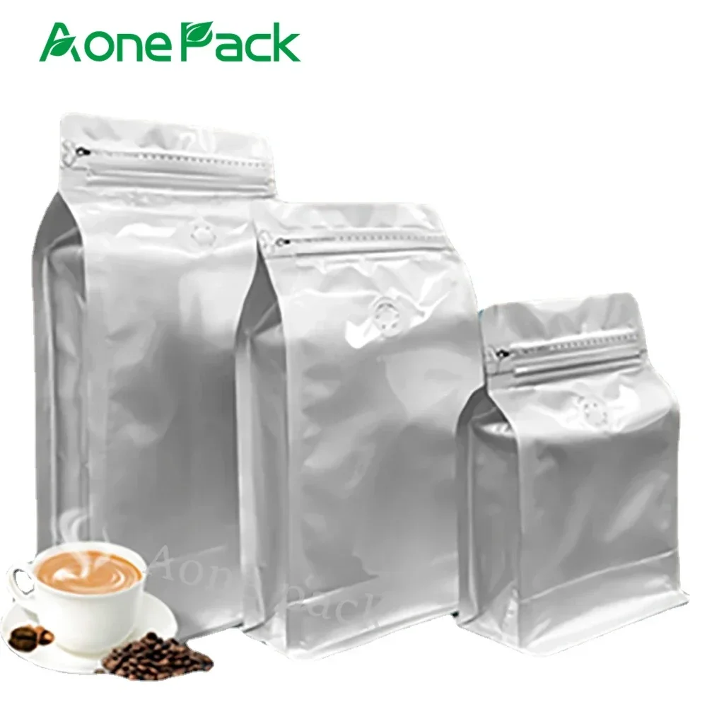 100pcs Aluminum Foil 250g Glossy Smell Proof Coffee Protein Powder Chocolate Flat Bottom Bag With Valve And Reusable Side Zipper