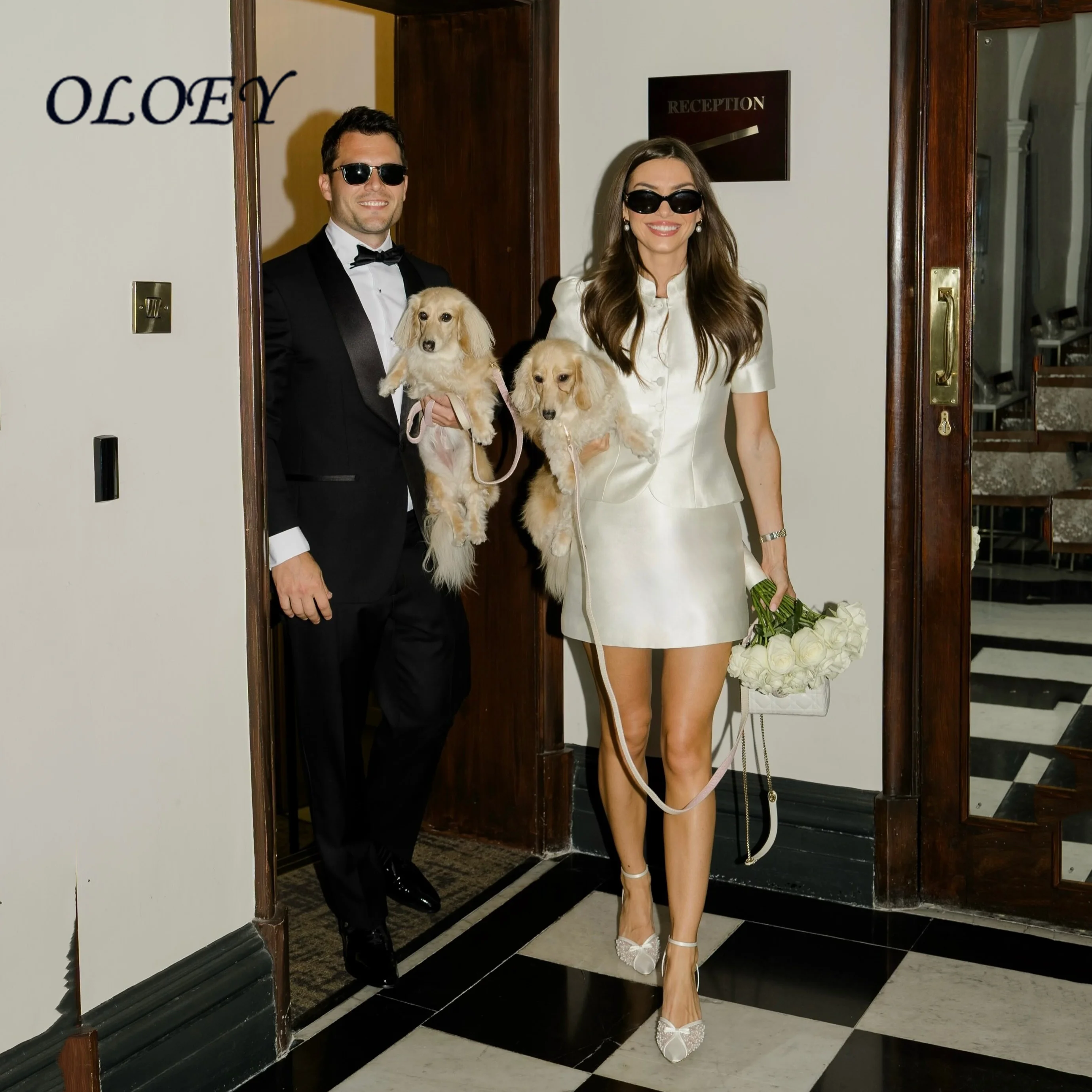 Oloey Customized White Two Piece Wedding Dress Short Sleeves Stand Collar Mini Bridal Suit Civil Ceremony Vestidos