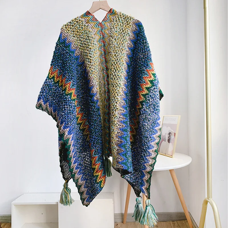 2022 Winter Women Knitted Poncho Shawl Bohe Style Warm Cardigan Capes Ethnic Geometric Fringed Shawls Mohair Pashmina Wool Scarf