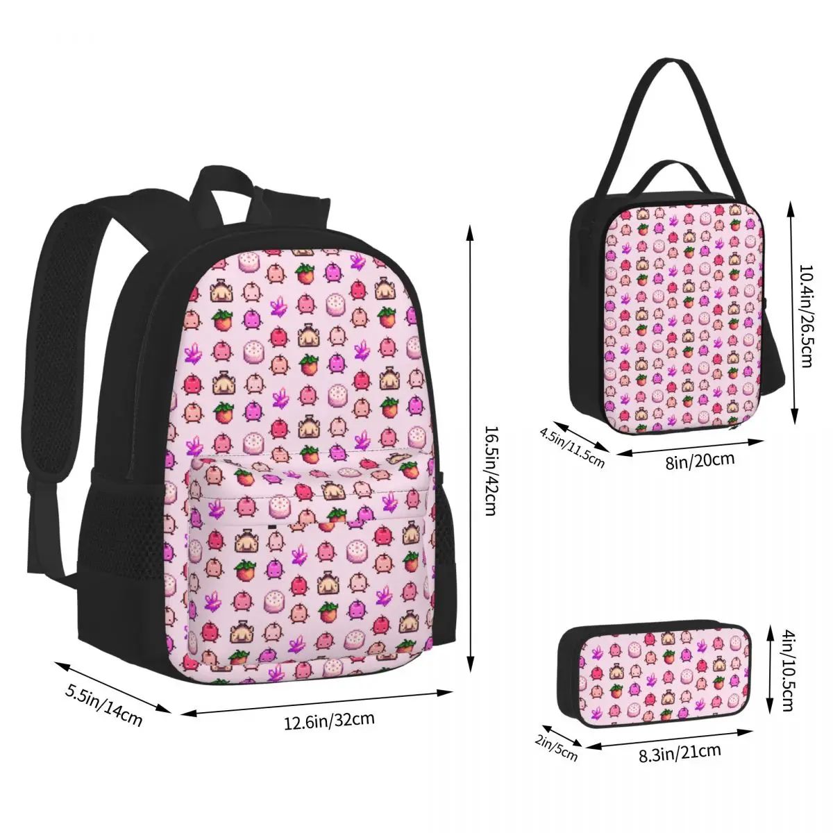 Stardew Valley Pink Junimo Set Backpacks Boys Girls Bookbag Students School Bags Kids Rucksack Lunch Bag Pen Bag Three-Piece Set