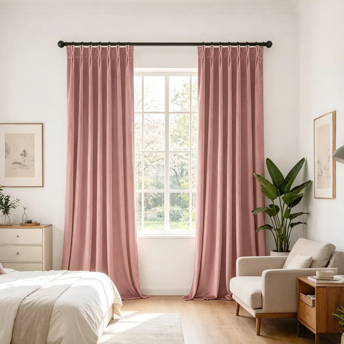 Dusty Pink Velvet Pinch Pleat Curtains, Soft Heavy Velvet Drapes for Girls Bedroom Cream Farmhouse Decor