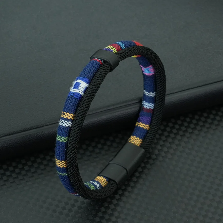 Pulsera de cuerda étnica de 5 colores para hombres, pulsera envolvente con hebilla magnética desmontable bicapa, brazalete de tela de grado A, Pulsera Tela