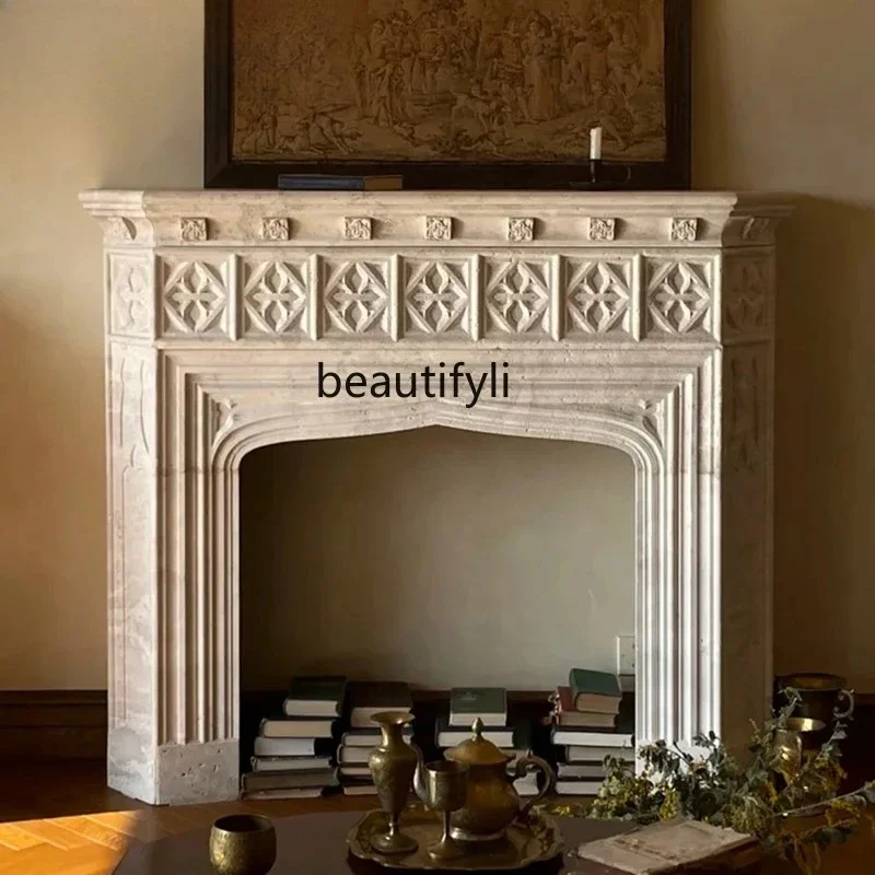 60.Marble fireplace French light luxury decoration living room flame European stone fireplace white stone carving mantel