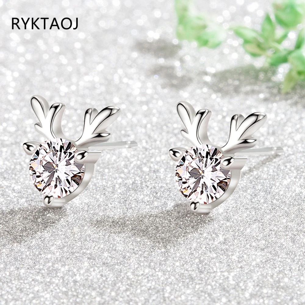 925 Sterling Silver Deer Antler Stud Earrings for Women Multi Color Round Cubic Zirconia Cute Earring Christmas Jewelry Gift