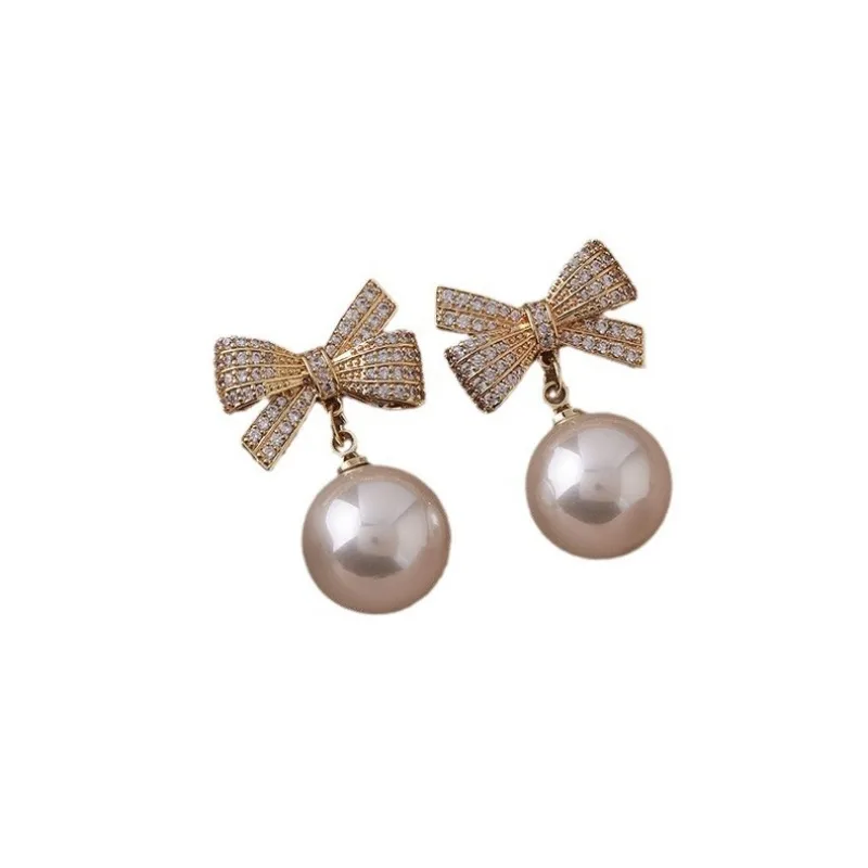 Boucles d'oreilles en biscuits incrustées de perles rondes pour femmes, nœud papillon, Noël, à la mode