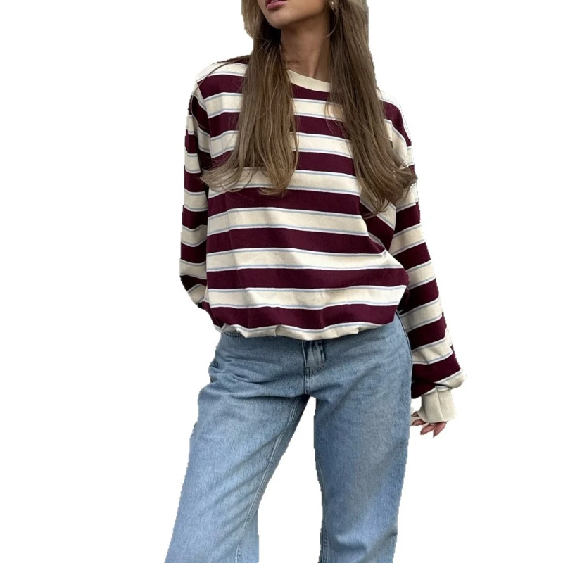 American Early Autumn Lazy Wind Round Neck Striped Pullover Sweater Loose Long-sleeved Women's Coat