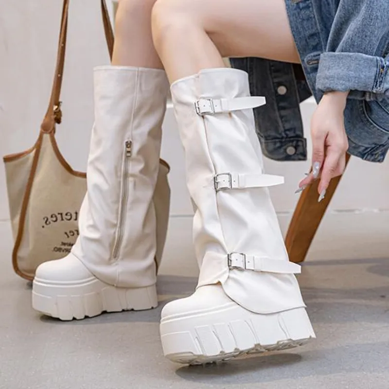 

Heel Knee 14cm High Boots Platform Wedge Punk Motorcycle Riding Booties Shoes for Women New Fashion Autumn Winter Buckle Boots