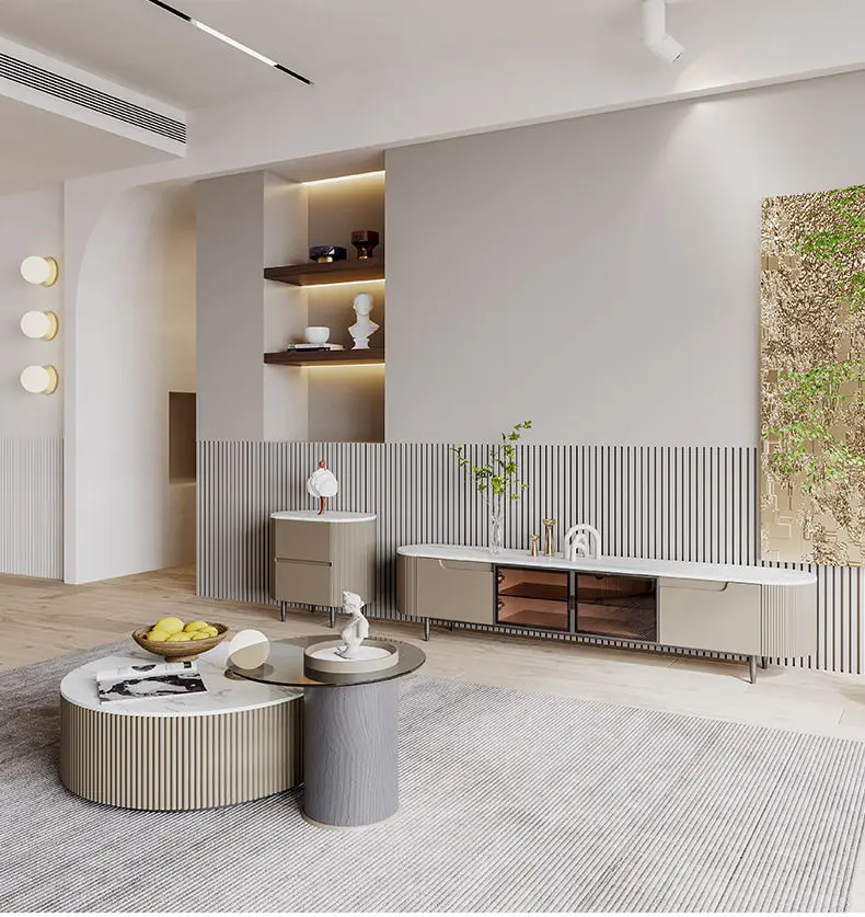 Modern Home TV Stand and Coffee Table Set Living Room Furniture Storage TV Cabinet Luxury Round Wooden Center Coffee Table