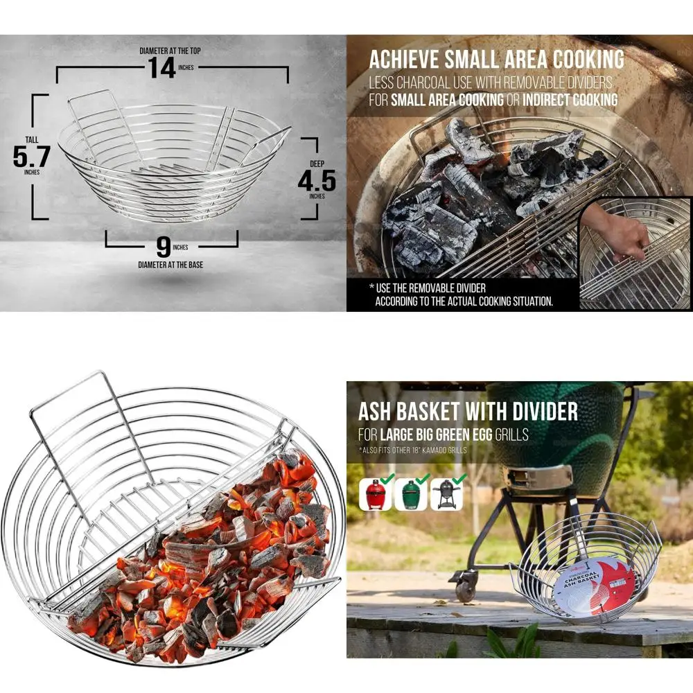 

Stainless Steel Charcoal Basket with Divider for Kamado Joe and Big Green Egg Grills, Fits 18 Models - Large Smoking Accessory